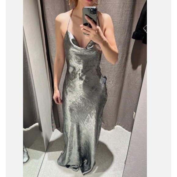 ZARA NEW WOMAN SILVER SATIN EFFECT SLIP DRESS Size L REF:8496/746 - Picture 6 of 16